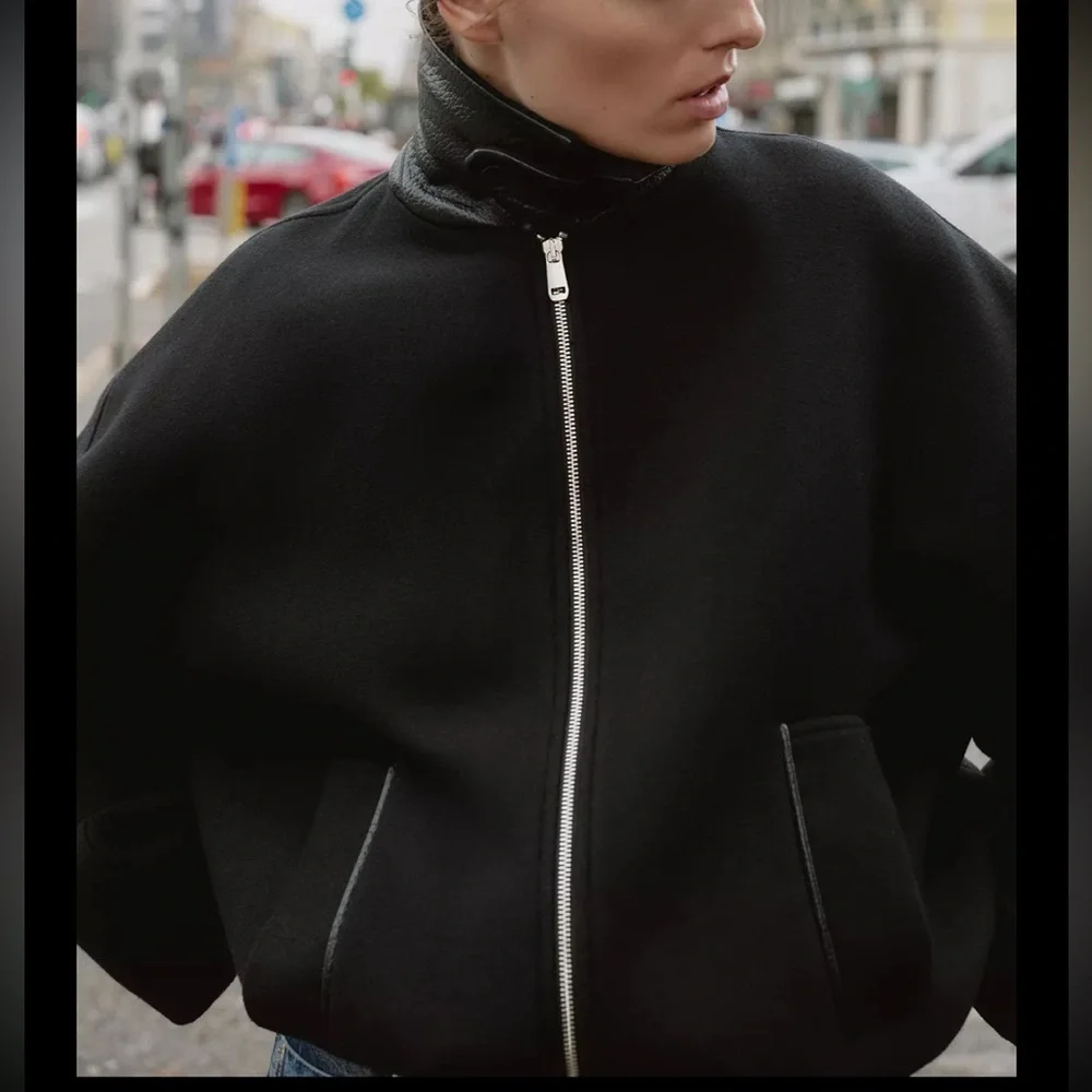Zara CONTRAST COLLAR WOOL BALLOON BOMBER JACKET - Picture 4 of 12